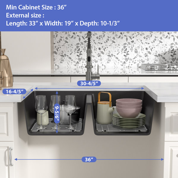 Logmey 33'' L Undermount Double Bowl Quartz Kitchen Sink